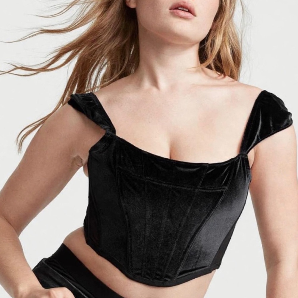 Victoria's Secret Black Velvet Corset Crop Top with Off-Shoulder Straps S